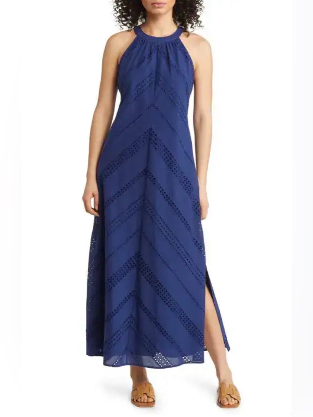 Tommy Bahama Island Diamond Maxi Dress Navy Blue Eyelet Cotton Halter Medium
